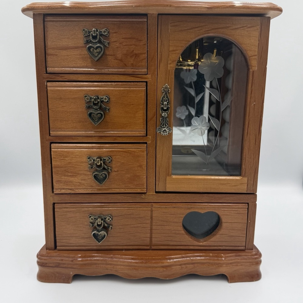 Vintage Wooden Jewelry Box Armoire Floral Etched Glass Drawers Rotating Hanger
